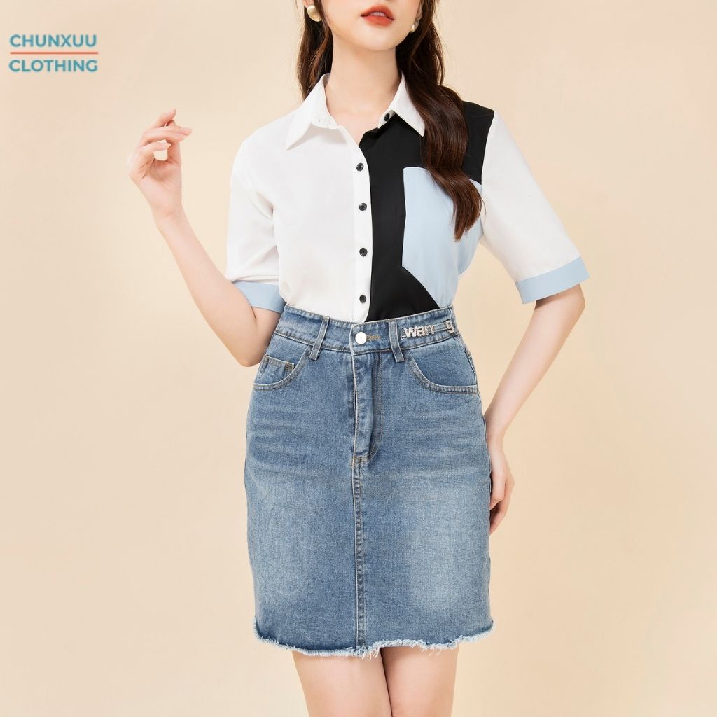 Áo sơ mi nữ kiểu cộc tay công sở Chunxuu chất vải chống nhăn cao cấp phối màu đen trắng thanh lịch - SK07