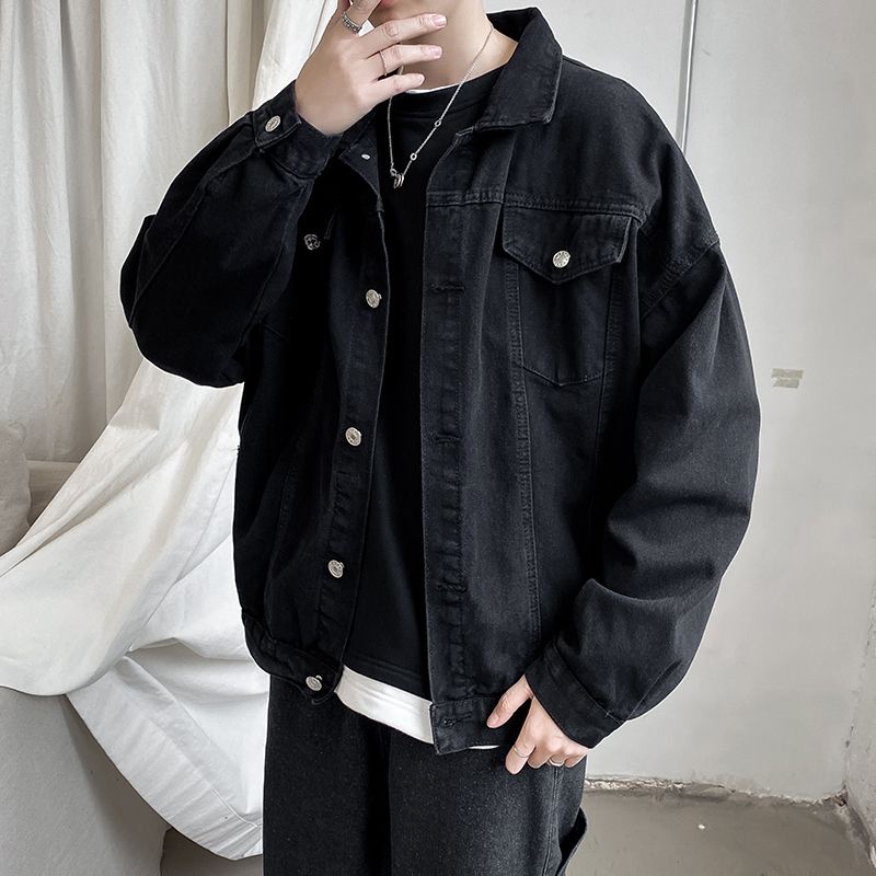 Áo khoác jean nam màu đen có túi trước ngực cài cúc chất denim dáng suông thời trang thu đông