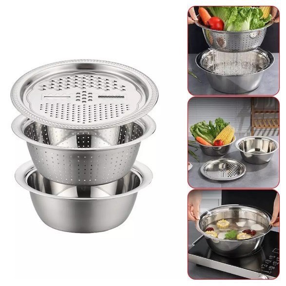 Bộ rổ, chậu kèm nạo rau củ quả inox đa năng 3 trong 1