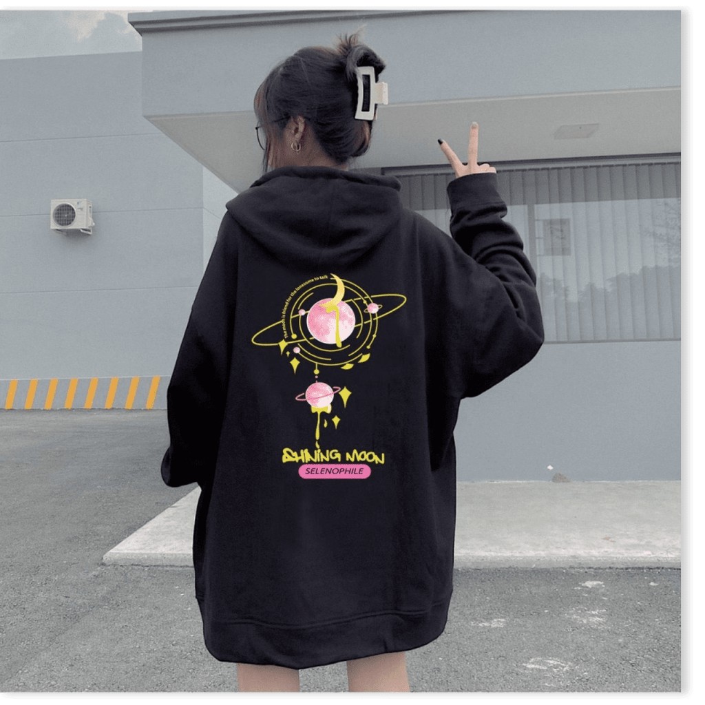 Áo hoodie nữ có nón dây kéo tiện lợi phối họa tiết tinh cầu ánh sao