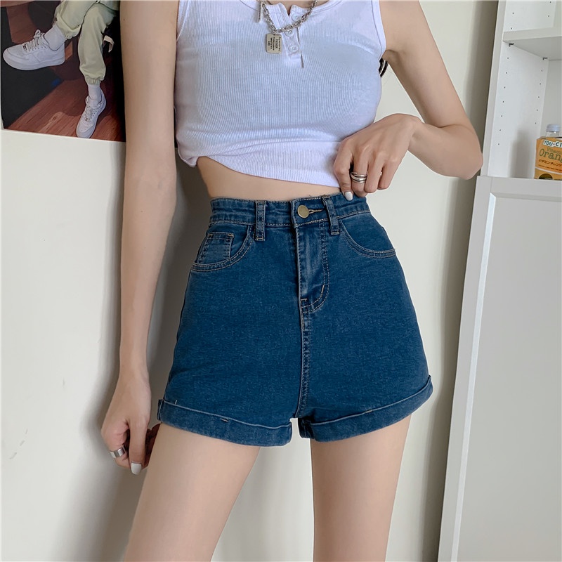 IELGY Quần Short denim Lưng Cao Dáng Ôm Kiểu retro Thời Trang Cho Nữ