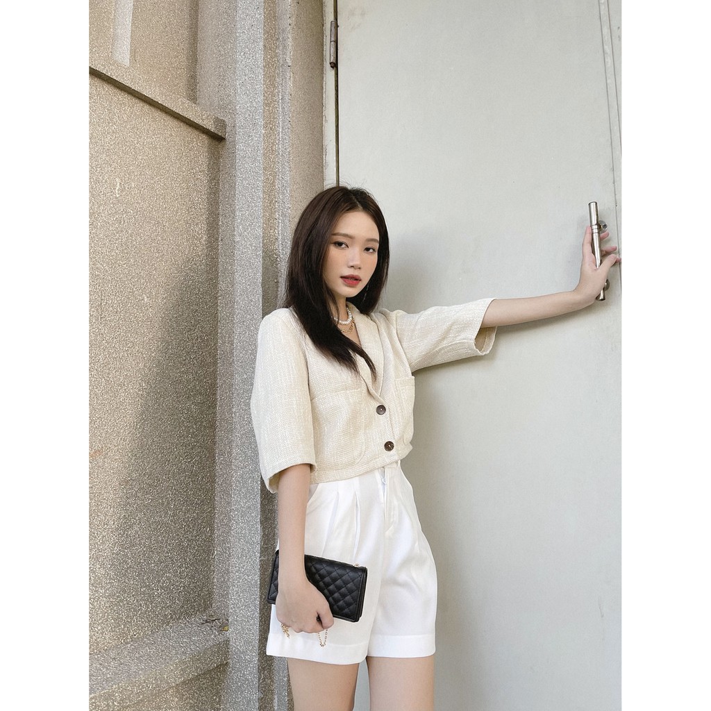 YU CHERRY | Áo khoác mini dạng blazer vải tweed nữ Gingham Pocket Blazer YA362