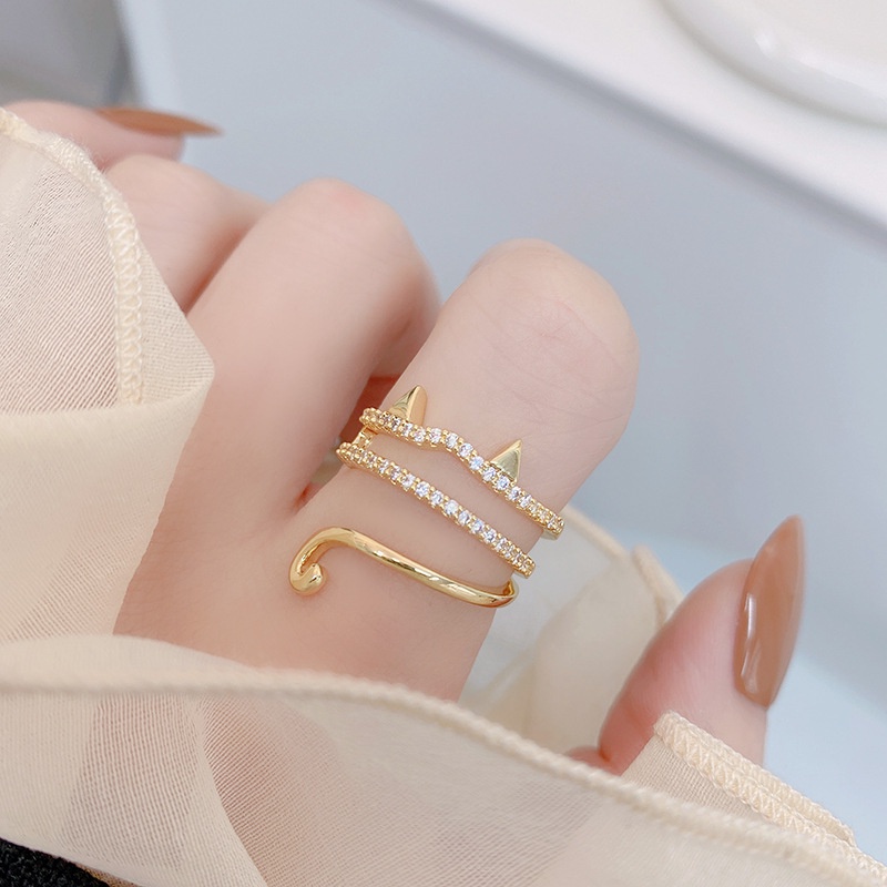 Nhẫn hở mạ vàng 18K hình tai mèo đính đá zircon đơn giản