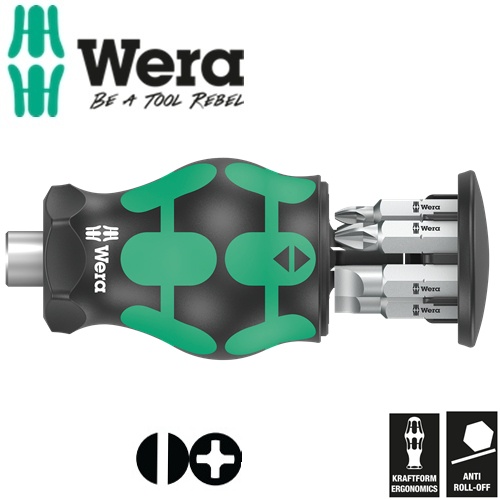 Dụng cụ mở vít Wera 05008877001 Kraftform Kompakt Stubby magazine 4 gồm 6 cái, dẹp và 4 cạnh