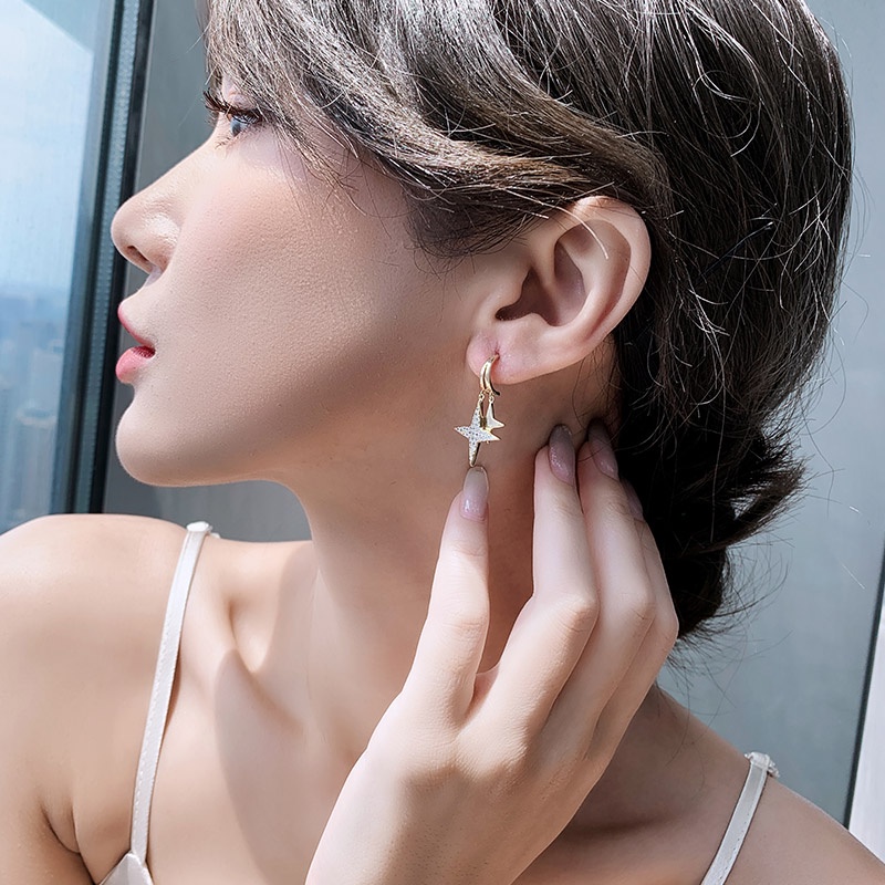 Bông Tai Mạ Bạc 925 Hình Ngôi Sao Đính Kim Cương Thời Trang Hàn Quốc