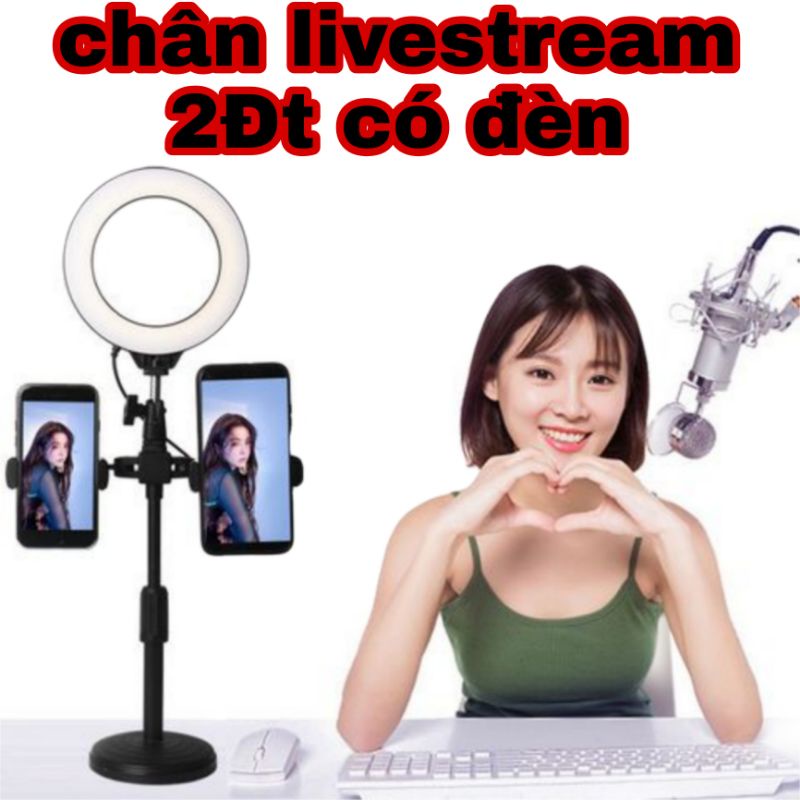 Giá đỡ livestream 2 điện thoại có đèn siêu chắc