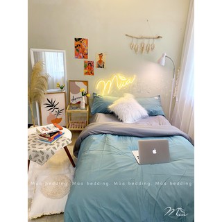 Set chăn ga Cotton đũi xanh mint phối be
