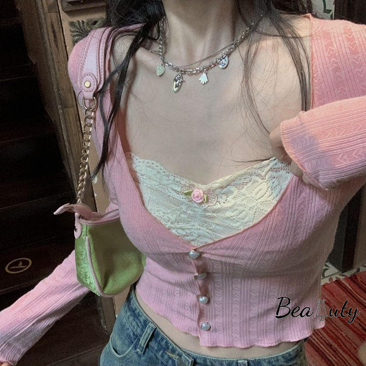 V Neck Knitting Short Top for Women 2022 Sexy Style with Floral Lace Tighting Fit Long Sleeves Bottoming Top for Girls