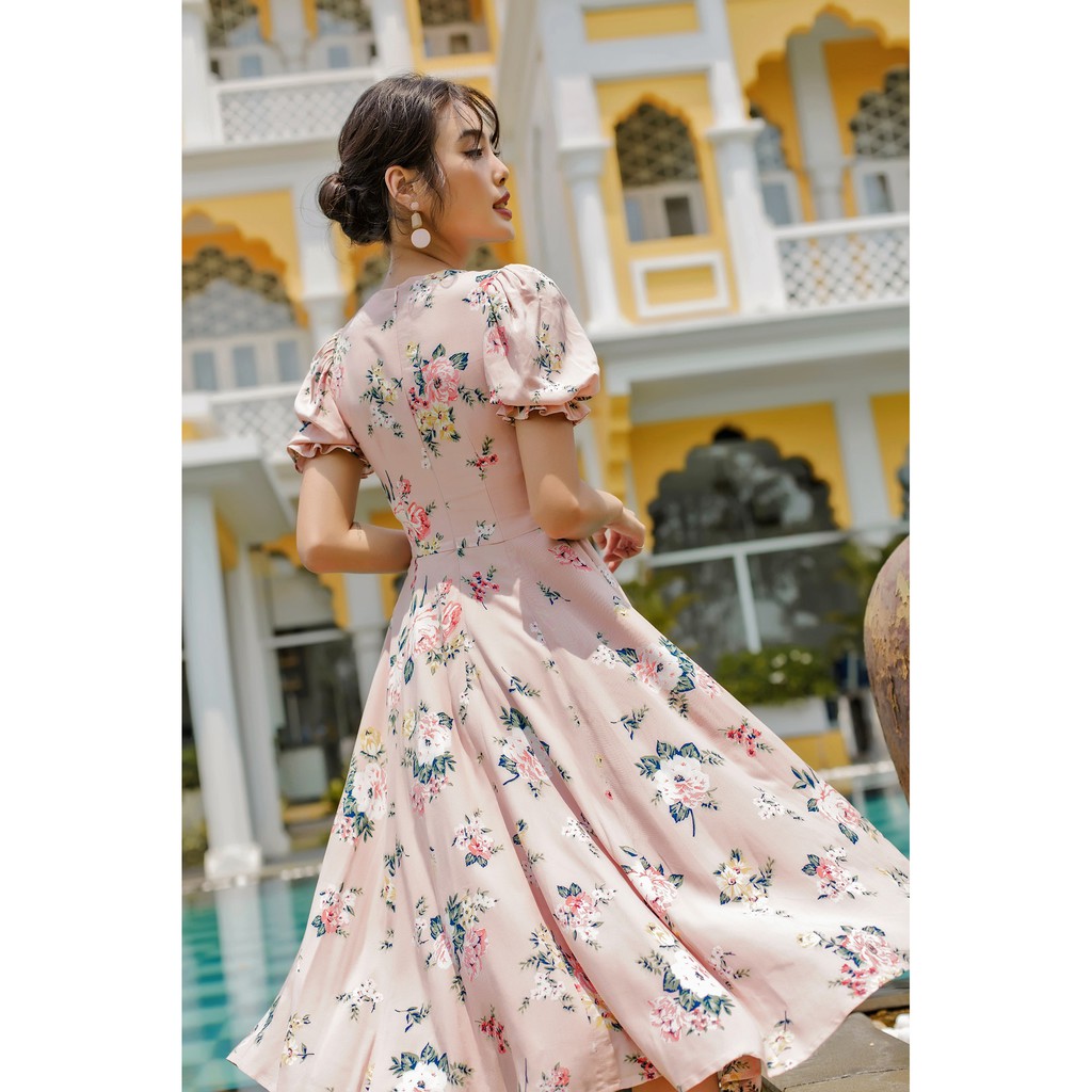 Thanh Lý Sò Vintage Size S - Gonna Đầm Hoa Nhún Ngực Tay Phồng Xẻ Tà