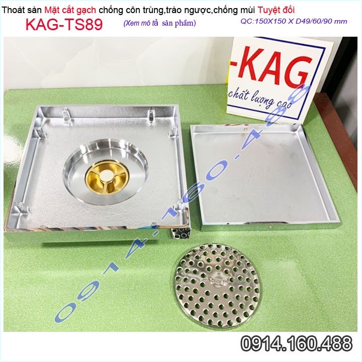 Thoát sàn mặt cắt gạch 15x15cm, thoát sàn âm KAG-TS89, phễu thoát sàn chống hôi chống côn trùng Inox Roca