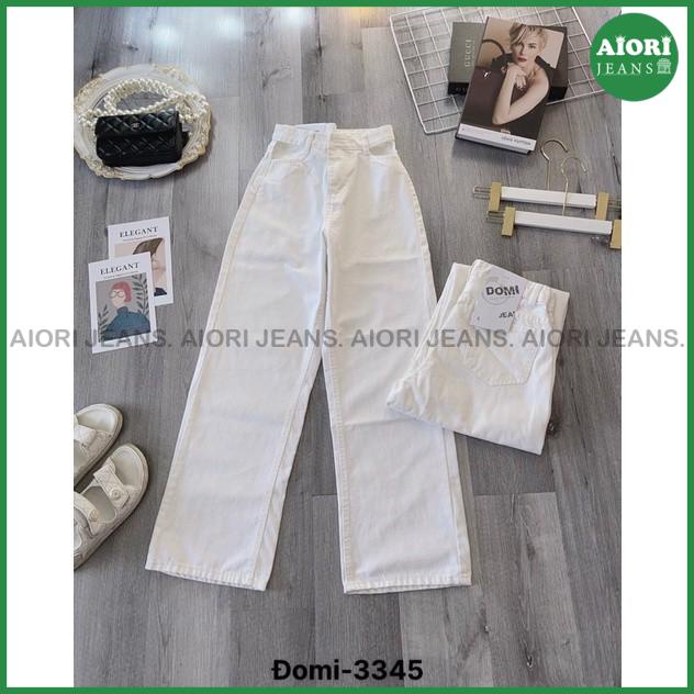 Quần Jeans Nữ Ống Rộng Aiori Cạp Cao Lưng Kiểu Khoét Eo Màu Trắng_Mã 3345