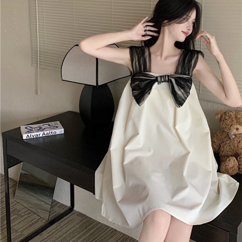 Đầm Chữ A Hai Dây Dáng Rộng Màu Sắc Tương Phản Cho Nữ