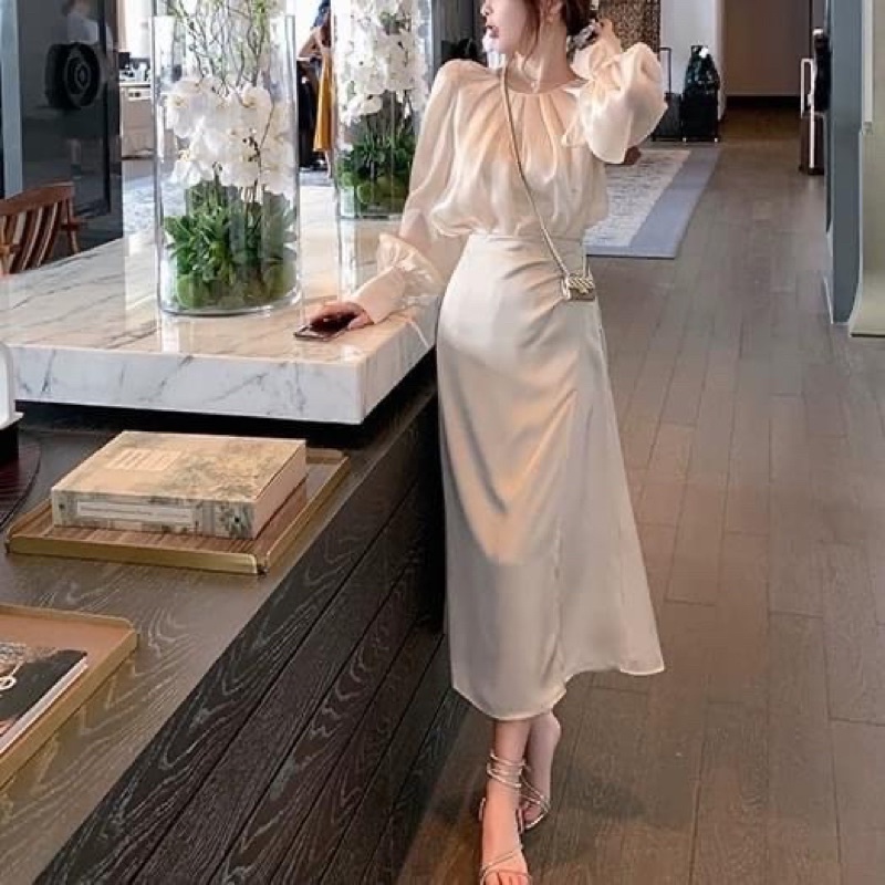 💚 SET ÁO VOAN NUDE CỔ XẾP LY TAY NƠ + CHÂN VÁY MIDI XẺ