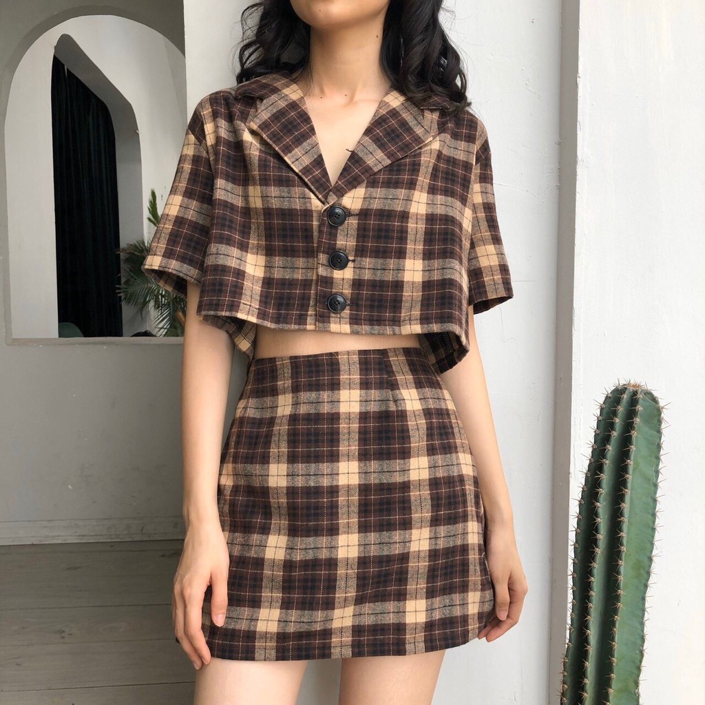 [freesize] SET ÁO SƠ MI CROPTOP KẺ CARO + CHÂN VÁY CHỮ A HOT - SET ÁO CROPTOP CỔ VEST FORM RỘNG 9 MÀU ( ảnh thật ) | BigBuy360 - bigbuy360.vn