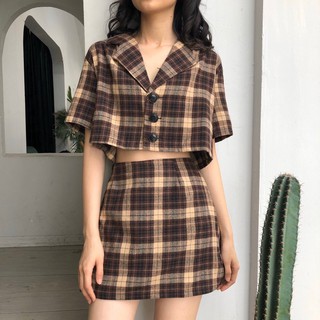 SET ÁO SƠ MI CROPTOP CỔ VEST COTTON KẺ CARO + CHÂN VÁY CHỮ A NGẮN CARO HOT - SET ÁO CROPTOP CỔ SƠ MI FORM RỘNG 9 MÀU
