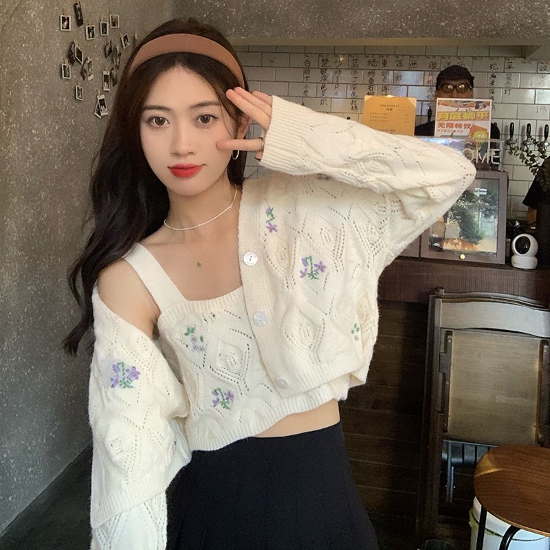 ZHELIHANGFEI Áo Cardigan Dệt Kim Tay Dài Thêu Họa Tiết Ngọt Ngào Quyến Rũ