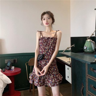 [XẢ HÀNG]❤FREE SHIP❤ ĐẦM NỮ HAI DÂY DÁNG CHỮ A ĐUÔI CÁ XẾP LY HỌA TIẾT HOA NHÍ VINTAGE QS007