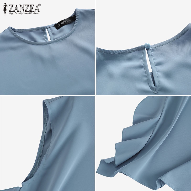 ZANZEA Áo Kiểu Tay Ngắn Cổ Tròn Cài Nút Sau Lưng Thời Trang Cho Nữ