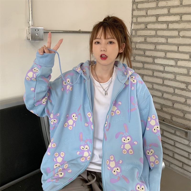 Áo Khoác Hoodie Dáng Rộng In Họa Tiết Phối Khóa Kéo Cá Tính Cho Nữ