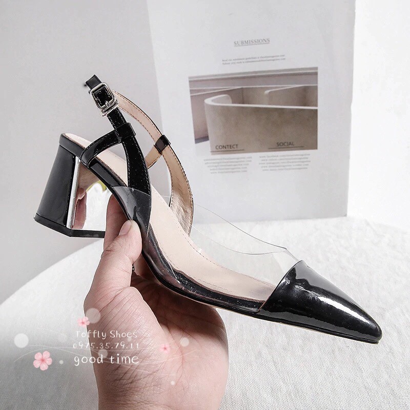 Giày cao gót Slingback phối mica gót ánh bạc