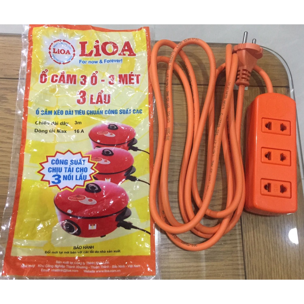 LIOA - Ổ Cắm 3 Ổ Công Suất Cao 16A chịu cùng lúc 3 Nồi Lẩu, dây dài 3 mét, hàng chất lượng cao, BH 12 tháng