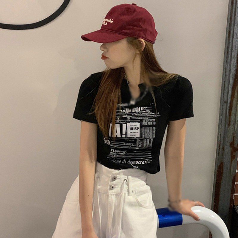 Áo Croptop Tay Ngắn Cổ Chữ V In Chữ Dáng Ôm Phong Cách Hàn Quốc Quyến Rũ Cho Nữ