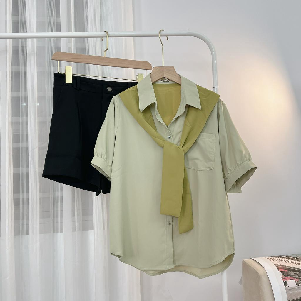 Áo Sơ Mi Nữ Màu Kèm Khăn Choàng Hàn Quốc Xinh Xắn Ngắn Tay, Sơ Mi Cột Nơ Tay Ngắn Phồng Freesize SUBICI