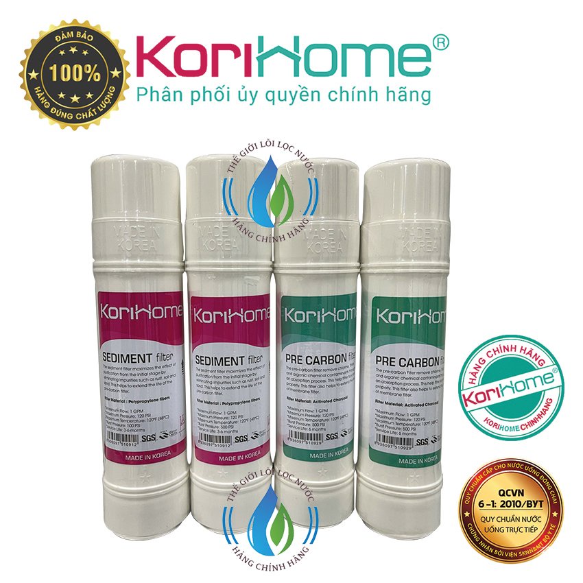 Combo 4 lõi lọc Korihome 2 sediment 2 Pre carbon hệ cắm nhanh dùng cho máy WPK-606