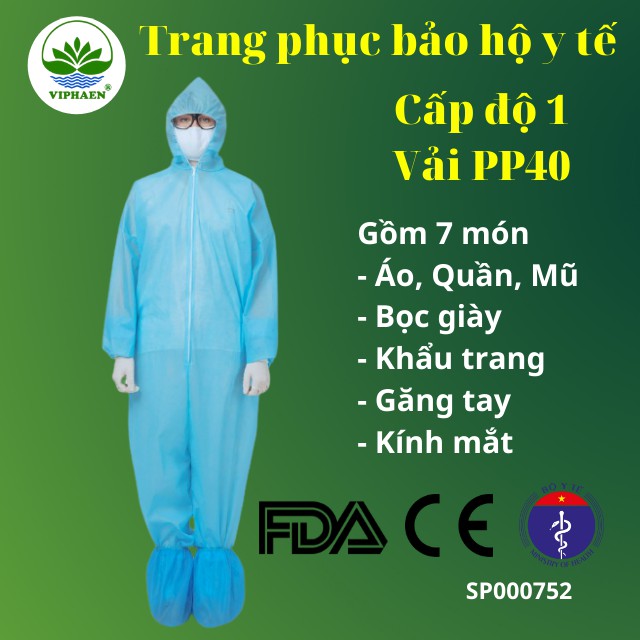 Trang phục bảo hộ y tế cấp độ 1 vải PP40 (7 món), Bộ đồ phòng dịch, phòng độc