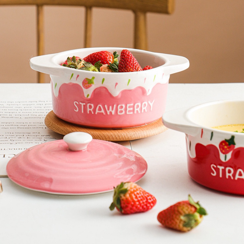 Bát sứ - Bát sứ có nắp - Hũ dâu tây đỏ mọng và hồng viền trắng Strawberry - làm bánh flan, đựng salad