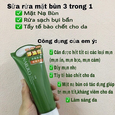 Sữa Rửa Mặt Bùn Tràm Trà Naruko Tea Tree Purifying Clay Mask and Cleanser in 1