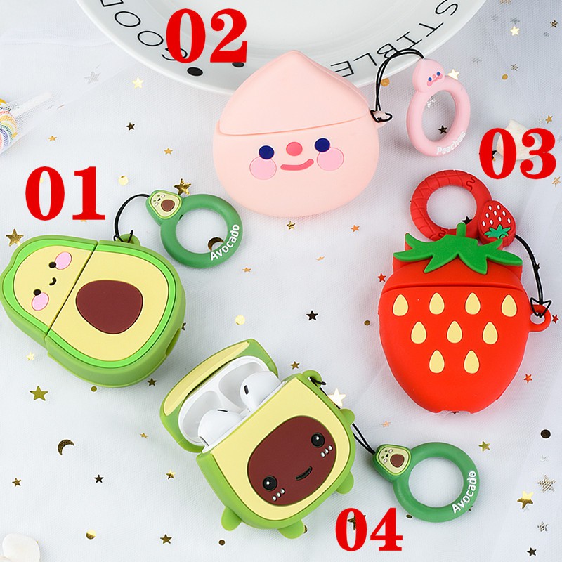 Vỏ bọc hộp đựng tai nghe hình quả dâu/bơ thích hợp cho Airpods có móc