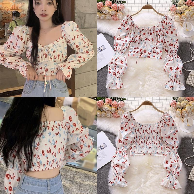Áo croptop tay phồng cổ vuông form ôm in họa tiết hoa phong cách Hàn quốc