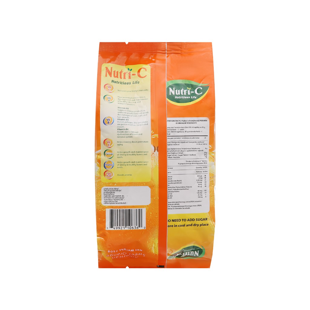 Bột cam Nutri-C 750g dùng để pha nước cam hoặc làm bánh tùy theo khẩu vị