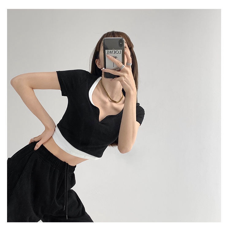 Áo Thun Ngắn Tay Giả Hai Lớp Phong Cách Đường Phố Cho Nữ