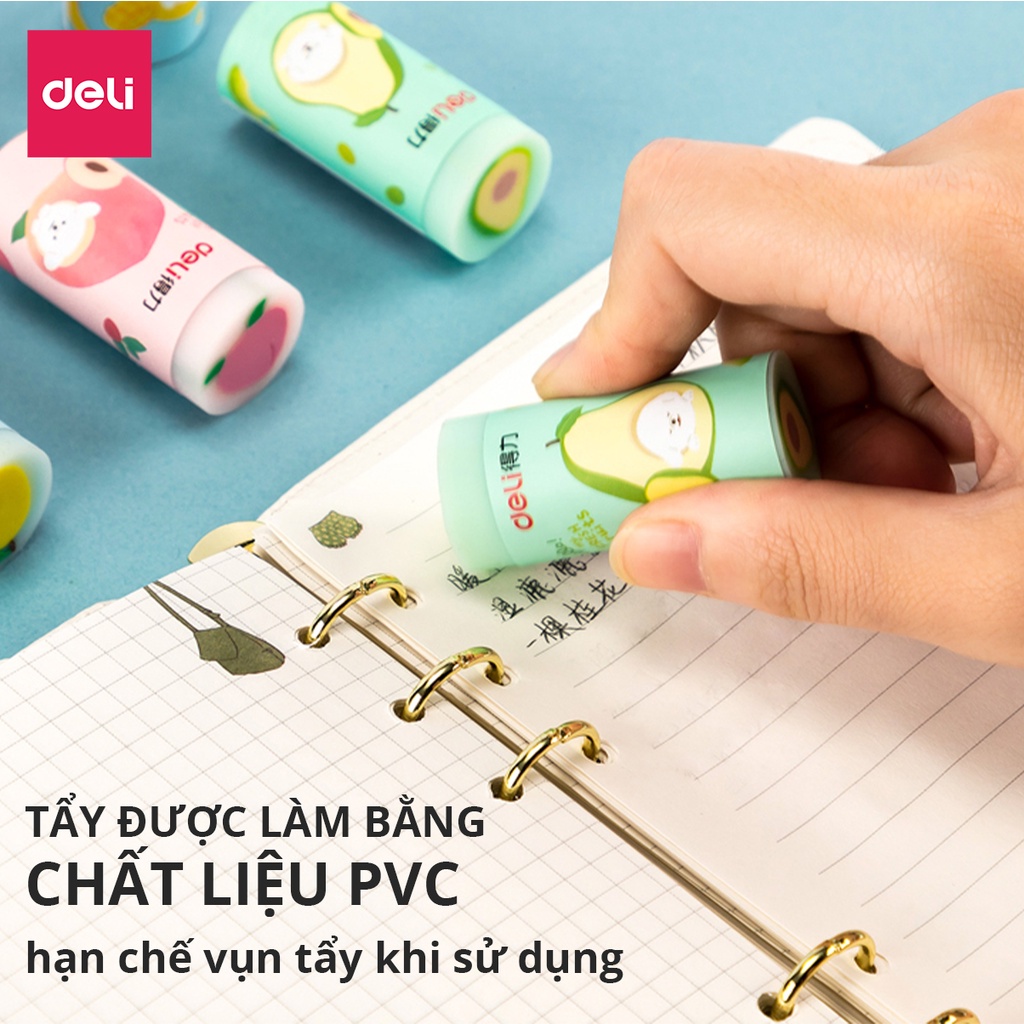 Tẩy hình trụ Deli hình vẽ hoa quả nhiều màu - Hồng/ Xanh dương/ Xanh ngọc - 71053