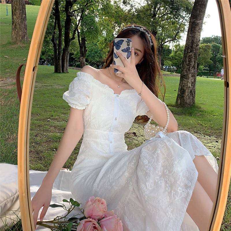 JANE'S  sẵn Đầm trễ vai trắng công chúa hoa nhí nổi Vintage trong sáng thuần khiết chất đẹp y hình J0088 feelback cuối