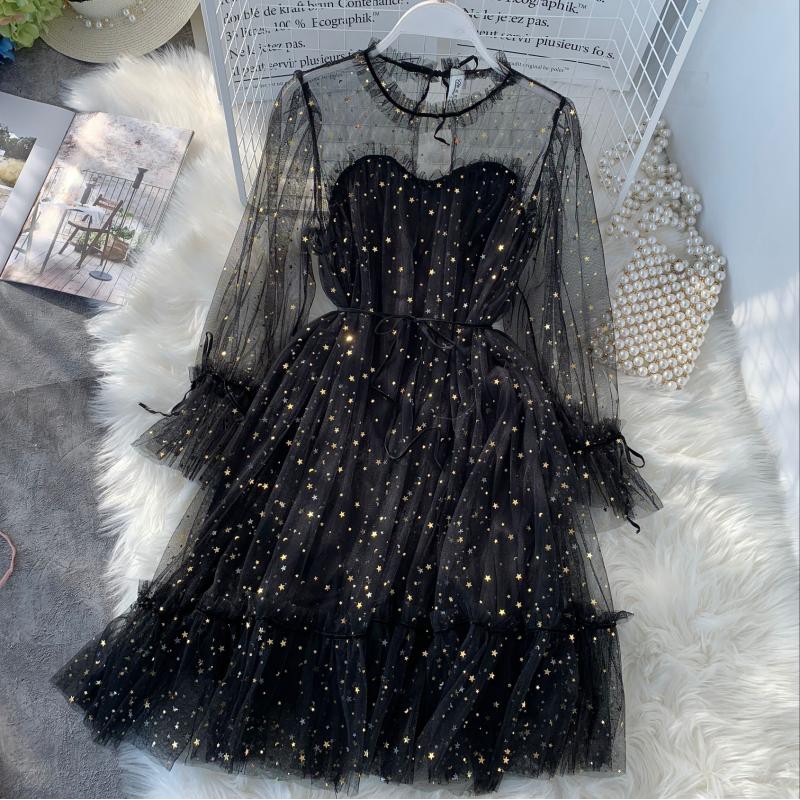 M27 - Đầm Ulzzang dự tiệc cổ tròn viền bèo nhúng dáng xòe thắt dây eo đính kim sa rất sáng