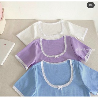 Áo kiểu croptop phối viền ren nơ