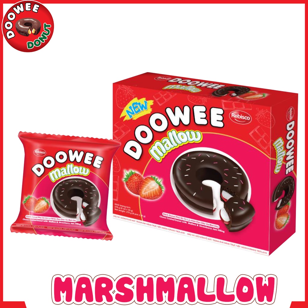 Bánh bông lan nhân kẹo dẻo Marshmallow phủ Socola DOOWEE MALLOW Hộp giấy 270G (9 bánh)