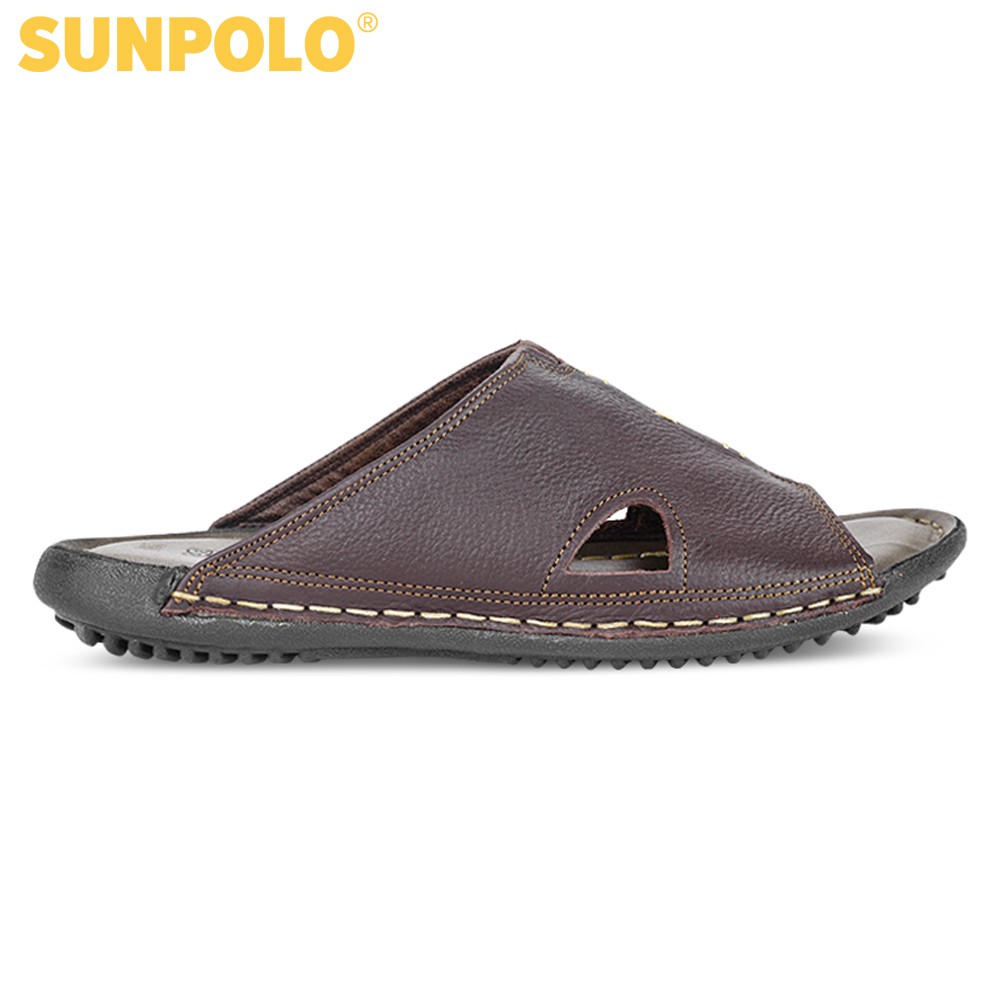 Dép Quai Ngang Nam Da Bò SUNPOLO Nâu Đen - SUD12ND