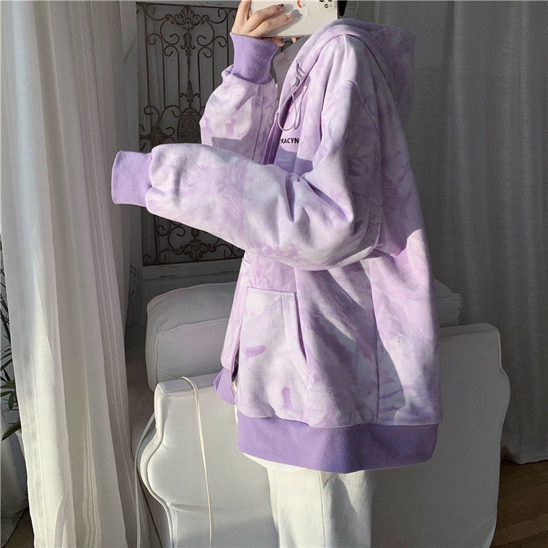 Áo khoác IELGY tay dài dáng rộng màu nhuộm phối khóa kéo thời trang cho cả nam và nữ