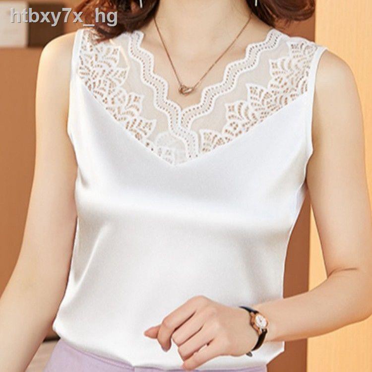 váy bodyĐầm☾Áo vest nữ satin ren cổ chữ V treo lơ lửng với sơ mi phía dưới, thiết kế mùa hè, thích hợp mặc bên n