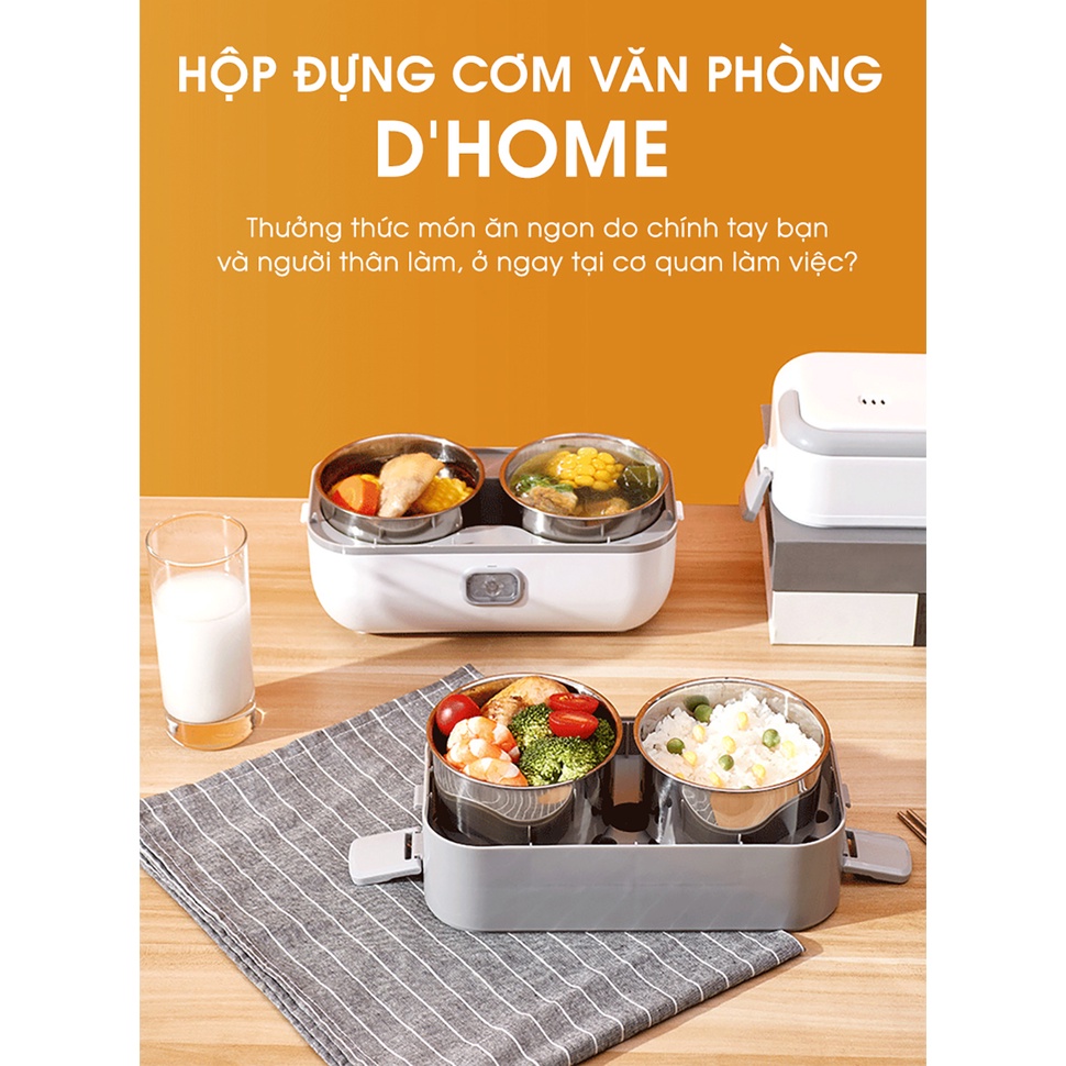 Hộp Cơm Cắm Điện 2 Tầng D"home. Chức Năng: Nấu cơm, giữ nhiệt, hâm nóng, làm chín thức ăn