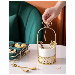 Lẵng sứ đựng thìa dĩa sứ trắng khung trái tim sang chảnh / Lẵng đựng thìa dĩa sứ xanh khung vàng