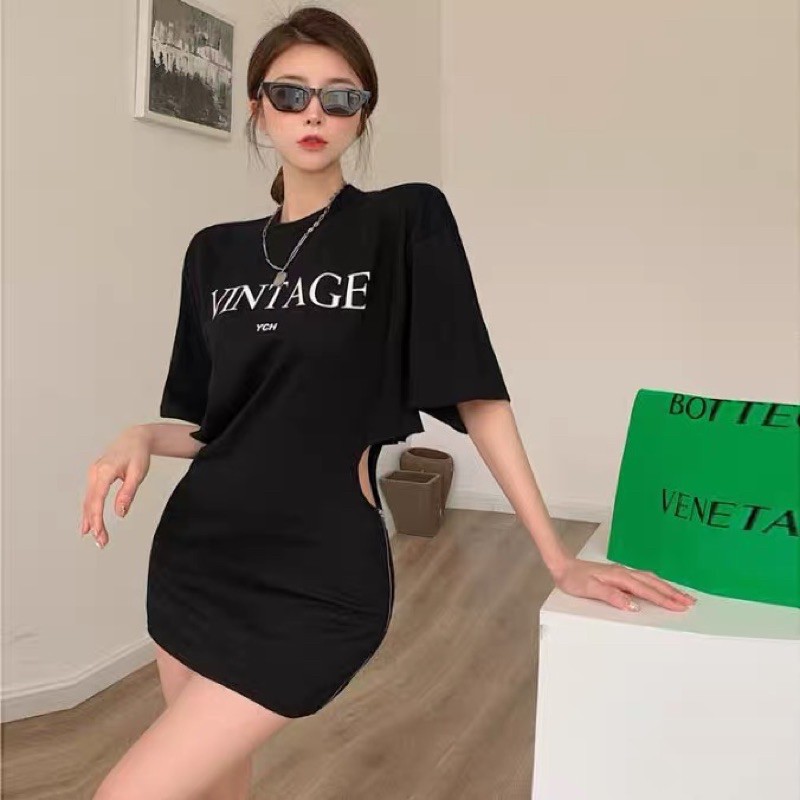 [Có ảnh thật]Áo thun form dài VINTAGE SHIRT khoét eo dây kéo bên hông gợi cảm Sam Sam Boutique