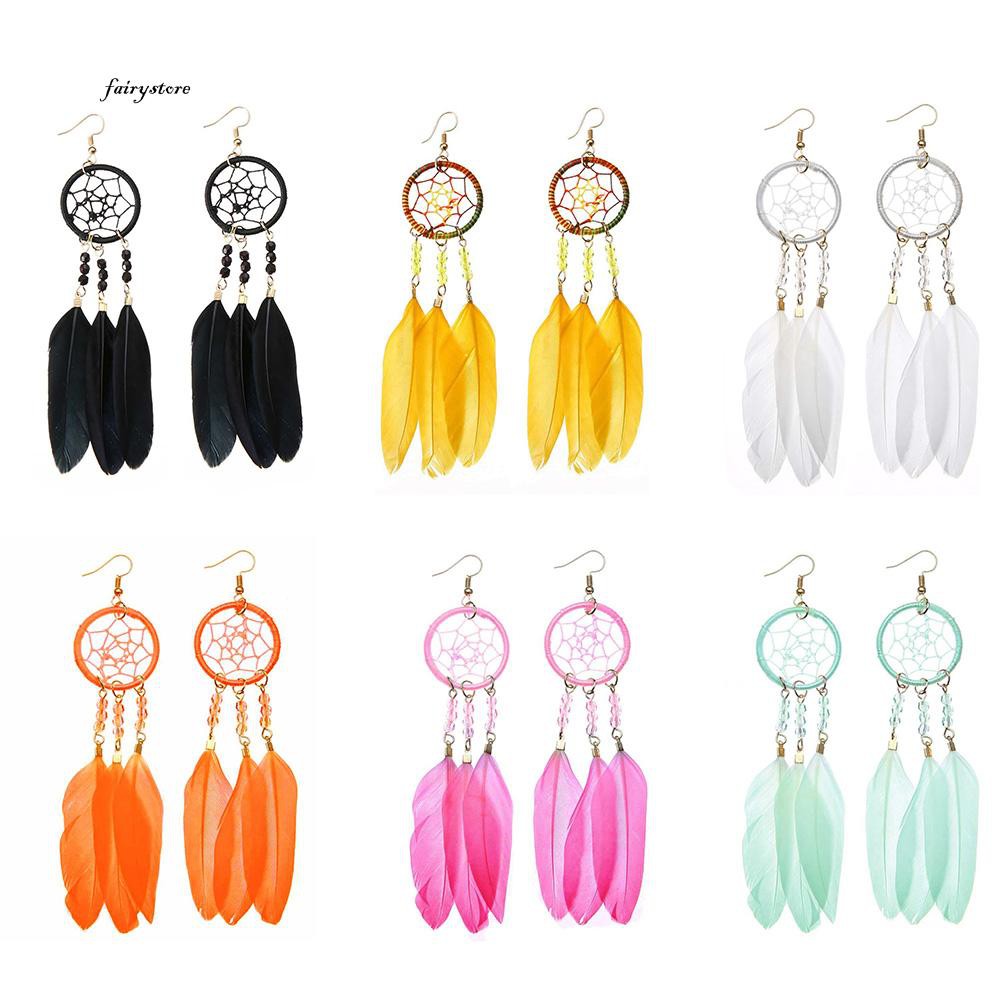 Bông tai lông vũ hình dreamcatcher thời trang Bohemian