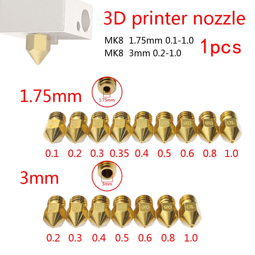 1 Vòi Phun Bằng Đồng MK7 MK8 M6 1.75mm/3mm 0.1mm-1.0mm Cho Ender3 Pro