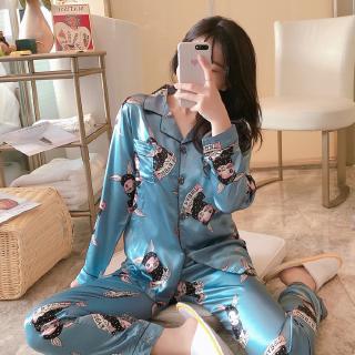 Female Silk women's Pyjamas Long Sleeve Sleepwear baju tidur