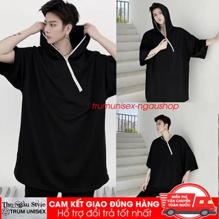 Áo thun Hoodie Stee nam tay lỡ unisex form rộng overtee zip chéo cổ màu đen chất vải cotton xịn Ngaushop Trumunisex